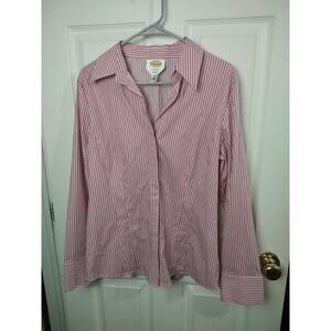 Talbots Woman 16 Shirt V Neck Button Pink White Striped Long Sleeve Business...